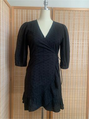 GAP Black Eyelet Wrap Dress with Puff Sleeves
